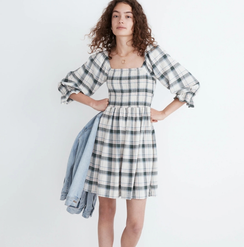 Madewell Lucie Elbow-Sleeve Smocked Mini Dress in Lebaum Plaid Medium - Picture 1 of 11